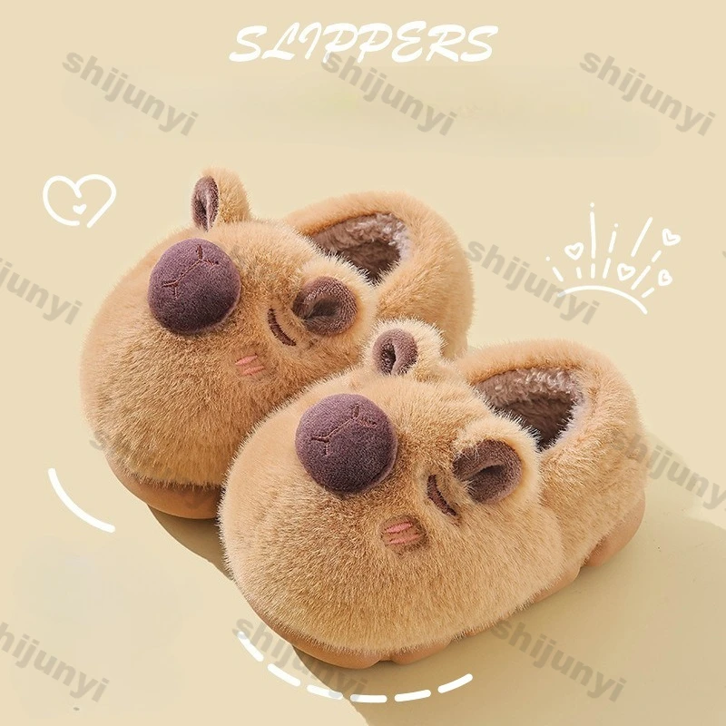 Capybara Winter Children's Platform Slippers 2026 Fashion Warm Plush Parent-child Home Shoes Non Slip Women's Cotton Shoes