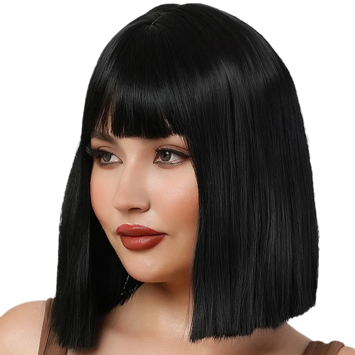 مباشرة من الشركة المصنعة شعر مستعار عبر الحدود المرأة بوب قصير مستقيم غطاء من الألياف أسود اللون وصلات شعر برازيلي