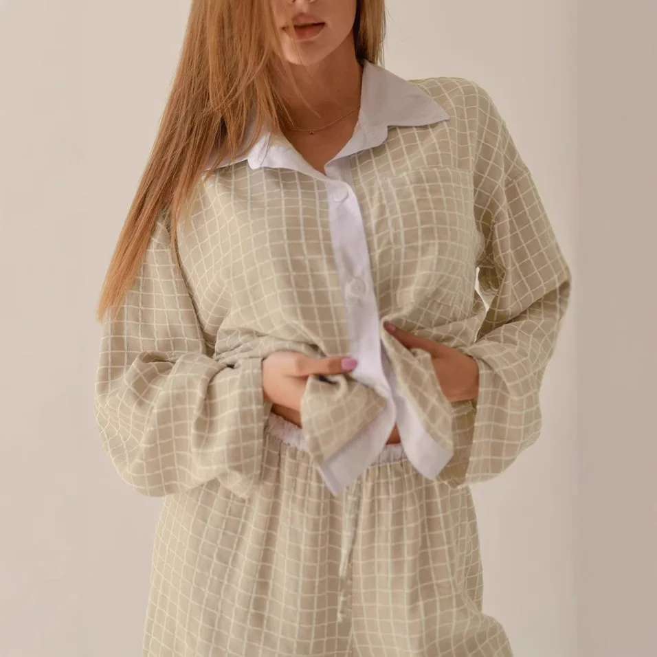 2025 verão nova xadrez retalhos camisa shorts de perna larga conjunto de duas peças com design elegante