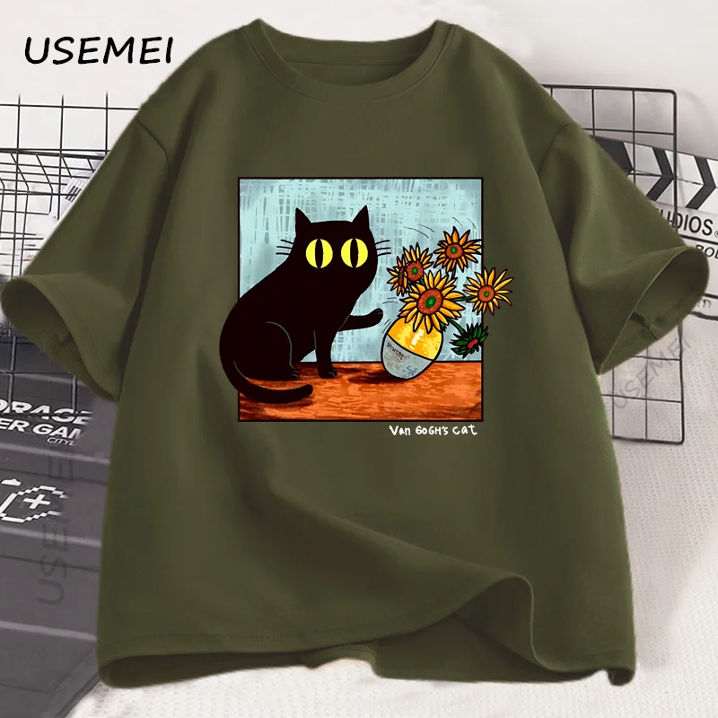 Van Gogh Cat Graphic T Shirts Men Women Flower Black Cat T-shirt Round Neck Cotton Short Sleeve Trendy Tee Shirt Streetwear image 4