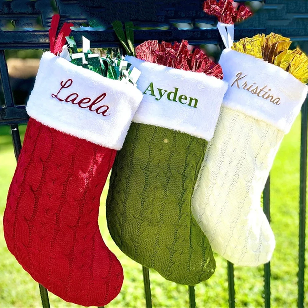 

Embroidered Christmas Sock Knitted Kids Christmas Gift Bag Personalized Name Christmas Tree Decorative Pendants Christmas Bag
