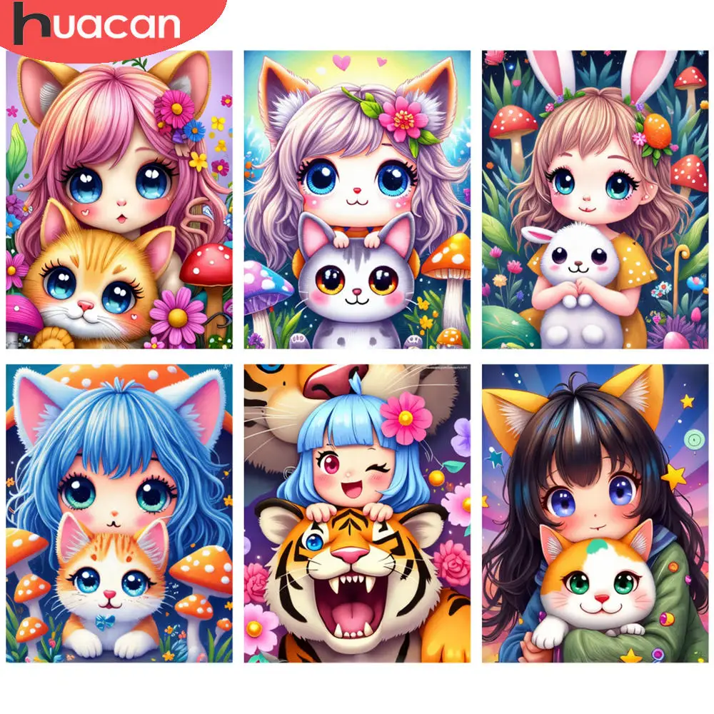 HUACAN Komplette Kits Diamantmalerei Niedliche Katze Blumen Fantasie Tier 5D Diamantmalerei Kits DIY Kunst Mosaik Strass Dekor