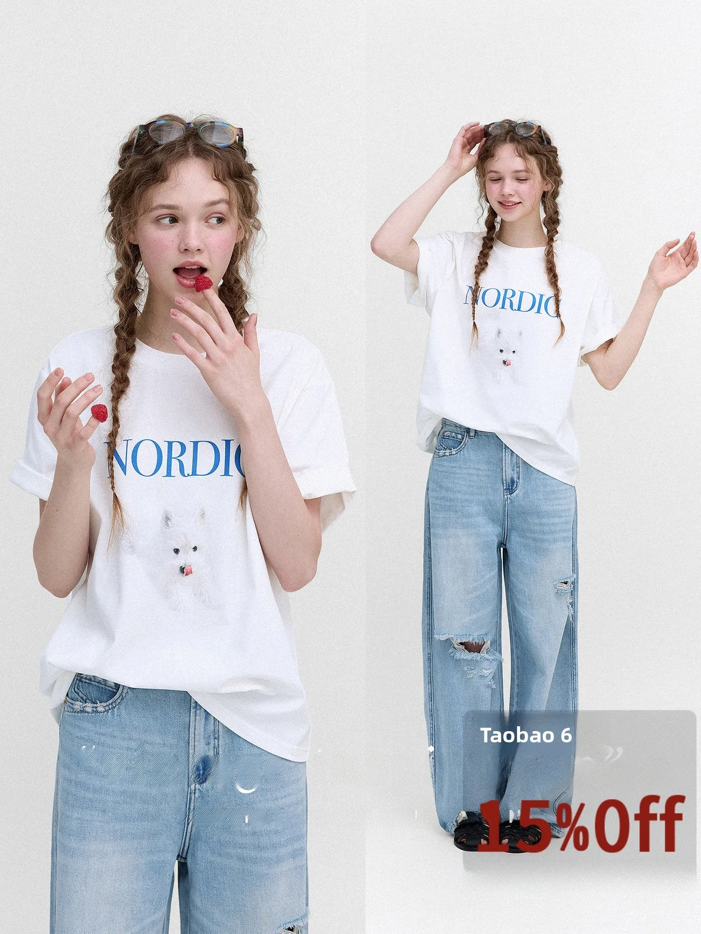 

Nordic Retro Dog Print Lightweight Double Knit 100 Cotton Loose Short Sleeve T-Shirt Women's Comfortable Breathable Summer Top
