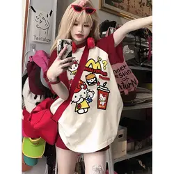 Sanrio Hello kitty Eat Hamburgers Girl Tees Summer American Retro Cotton Loose Short T Shirt Medium Strecth Soft Short Sleeved