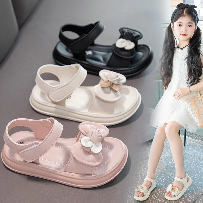 

27-38 Children's Sandals for Girls Shoes for Kids Cute Flowers Bow Tie Summer Soft Flat Heels Beach Princess Fashion Sports Shoe