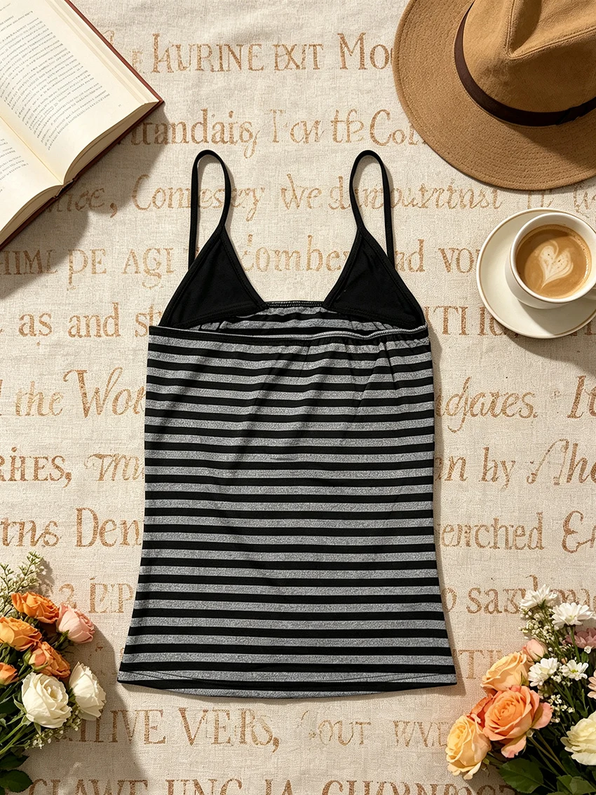 Gothic Y2K Punk Women Striped Halter Tank Top Silver Rivet Cross Print Back Self Tie Sleeveless Slim Grunge Streetwear Cami Tops