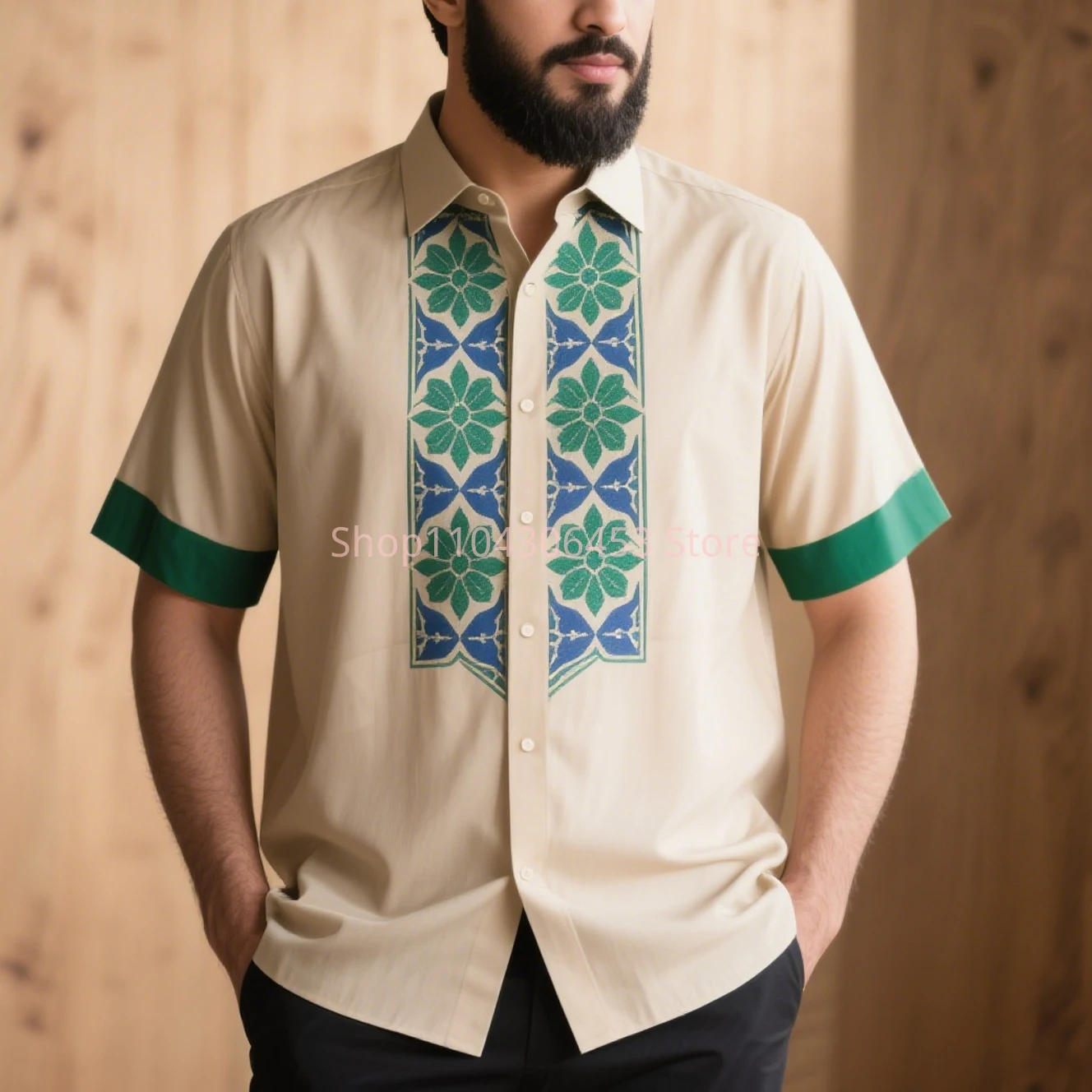 Men's Simple Retro Fashionable Pattern Plant 3D Printed Short-sleeved Lapel Shirt Thin Breathable Business Casual Outdoor Top