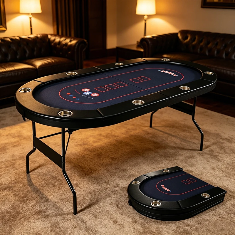 Oval folding table, 8-person track design, with cup holder, metal frame, suitable for family playroom parties