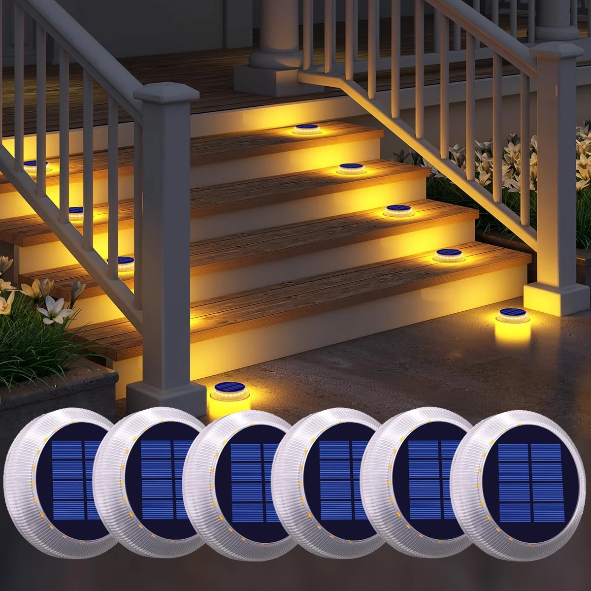 Solar Driveway Lights Warm White Dock Lights Auto ON/OFF Deck Lights Outdoor IP68 Waterproof Stick on for Step Pool Pathway
