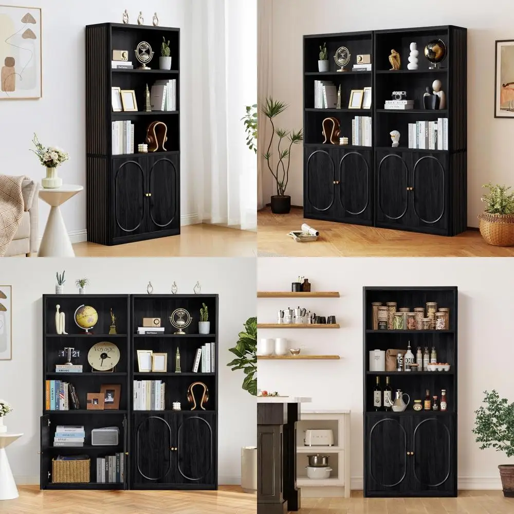 

5-ярусный черный деревянный книжный шкаф с золотыми ручками и тумбой для хранения для гостиной