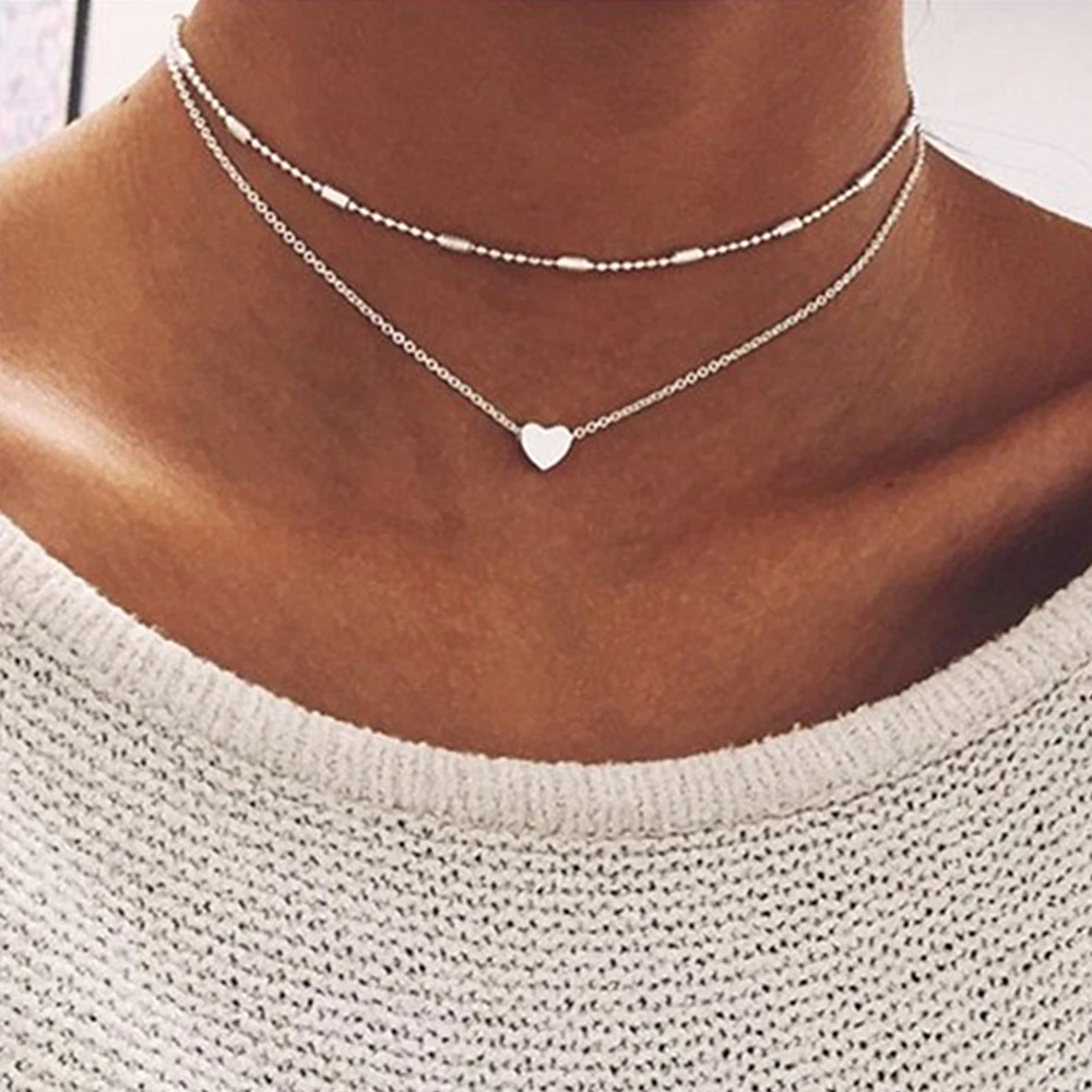 Fashion Silver Color Heart Necklace for Women Girls Teens Vintage Y2K Thin Light Bead Chain Minimalist Simple Party Jewelry Gift