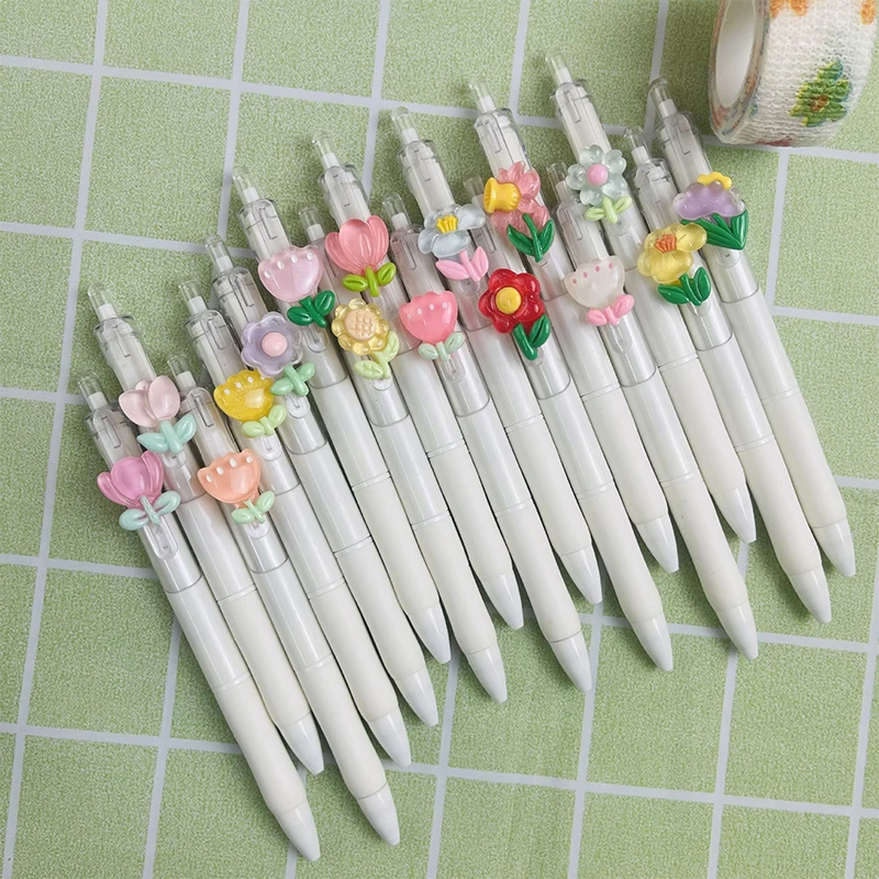 Mini canetas de gel flor fofas, tinta preta, canetas neutras, artigos de papelaria estilo kawaii coreano, artigos de escrita, material escolar e de escritório