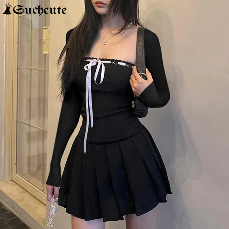 

SUCHCUTE Gothic Mini Dress For Women Long Sleeve A-Line Short Dresses Elegant Lace Up Square Neck Bodycon Evening Party Vestidos