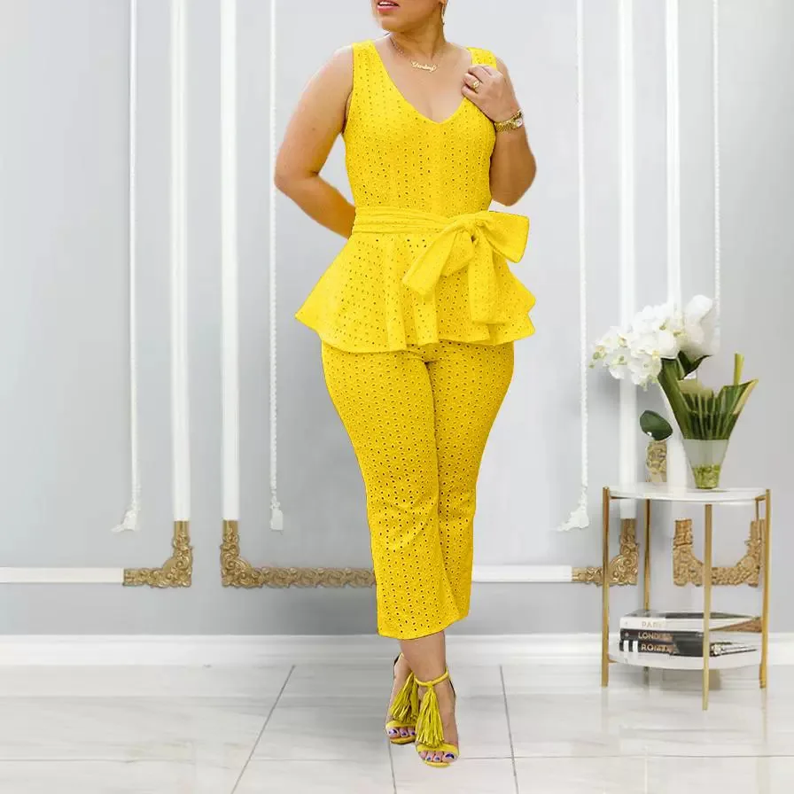 Two Pieces Women Pant Sets Solid Matching Set Lace Up Wide Strap Elastic Waist Capri Pant Slim Office Lady Casual 2026 Summer