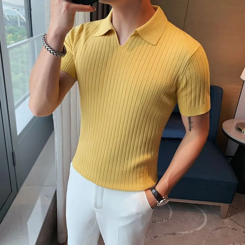 

Summer Solid Slim Fit Knitted T-shirt Men Polo Shirt V-neck Tees Homme Streetwear Business Casual Trend Tops Design Golf Shirts