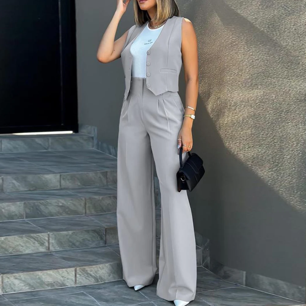 TWOTWINSTYLE Chic Two Piece Set For Women V Neck Sleeveless Spliced Button Coat High Waist Solid Pants Loose Sets Female Style