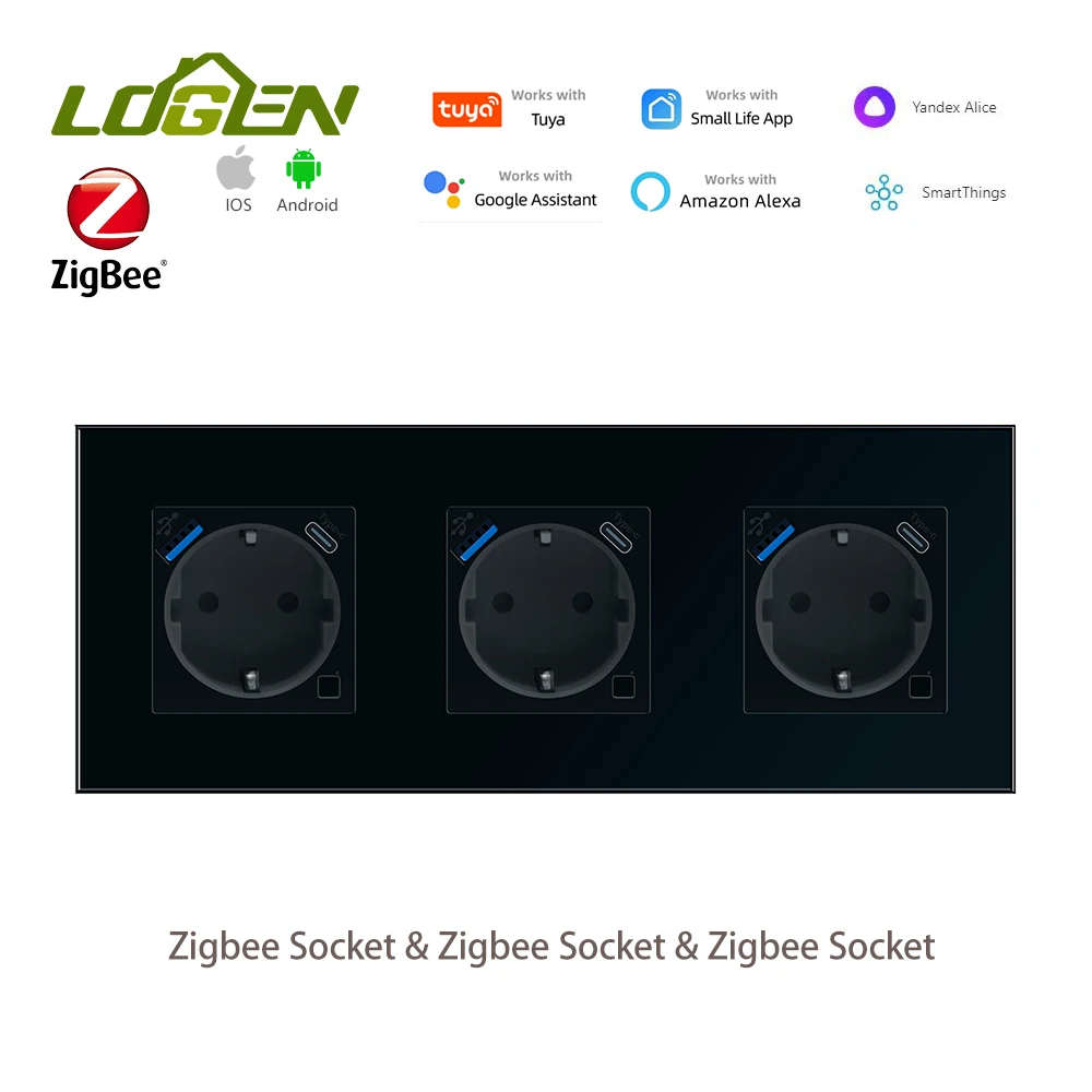 LOGEN  Smart Socket USB Type-c Socket Zgibee EU Glass Crystal Panel Three sockets arranged side by side Need Neutral Wire