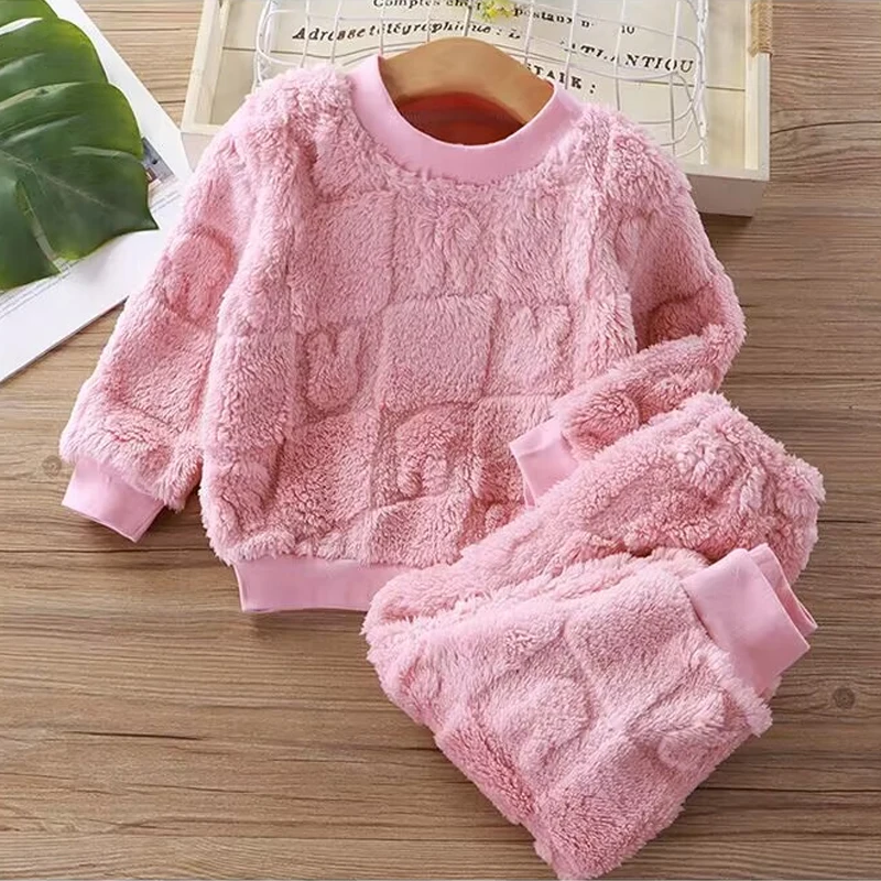 New Autumn and Winter Flange Pajamas Suits Children\'s Long Sleeve Top+Trousers Sets Plus Velvet Thick Home Wear 1-6 Years Old