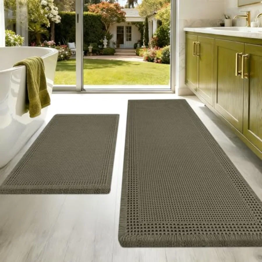 

Улучшенный набор вафельных ковриков для ванной, 2 шт., серо-зеленые с окантовкой, супервпитывающие, нескользящие, быстросохнущие, с кисточками, Machi