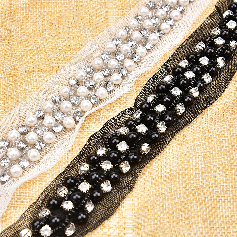 Pearl Beaded rhinestone Trims Sew on Mesh Lace Ribbon Banding Garment Applique DIY hair Clothes Wedding Dress Belt Accessories