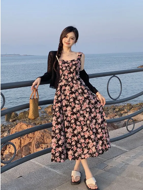 

plus Size Women's Floral Print Square Neck Strap Dress Summer Slimming Sun Protection Cardigan Top Set Korean Style Long Dress