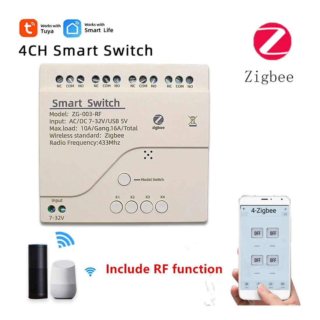 

4CH Zigbee 3.0 Wifi Relay Module DC7V-32V RF Smart Switch Work With Tuya Smart Life APP Self-Locking Inching Mode