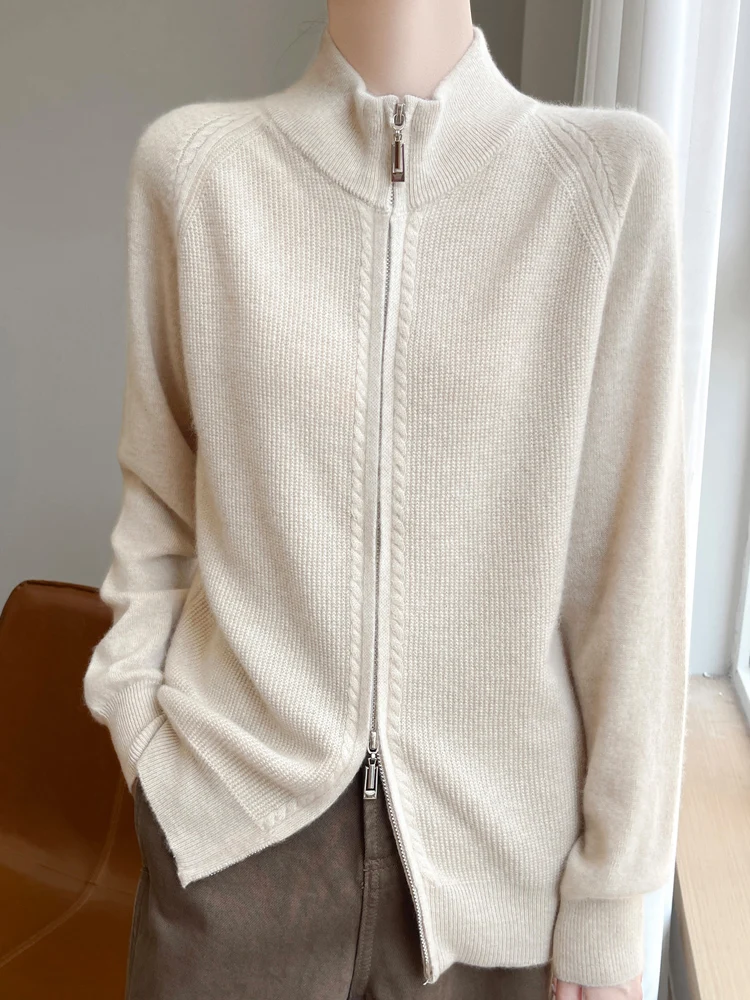 New Chic Women 100% Pure Merino Wool Soft Sweater Cardigan Autumn Winter Zipper Knitwear Long Sleeve Wool Sweater Female Tops