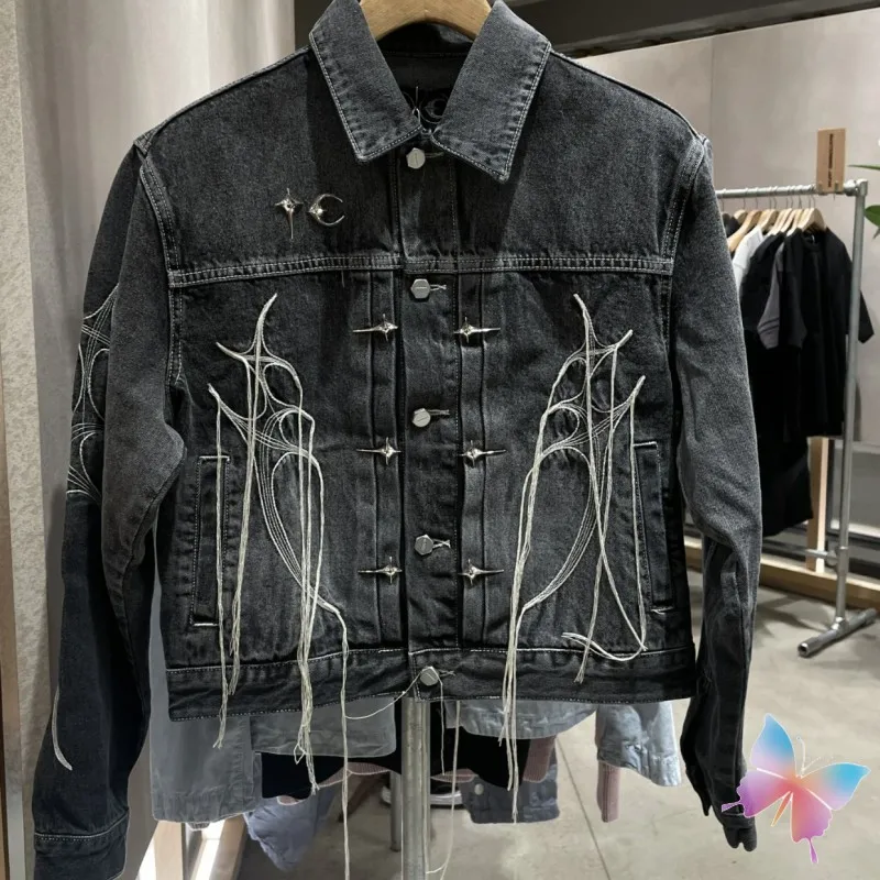 Real Photos Washed Black Metal Stars Moons Logo Thug Club Jacket Embroidered Tassel Denim Coats Hiphop Street Men Women Cleanfit