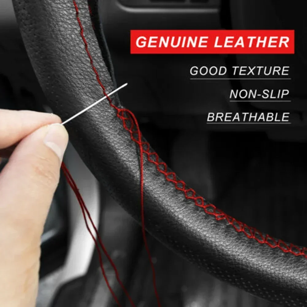 38cm 15inch Car Steering Wheel Braid Cover Top Leather Needles And Thread Soft Non-slip Auto Interior Accessories Kits