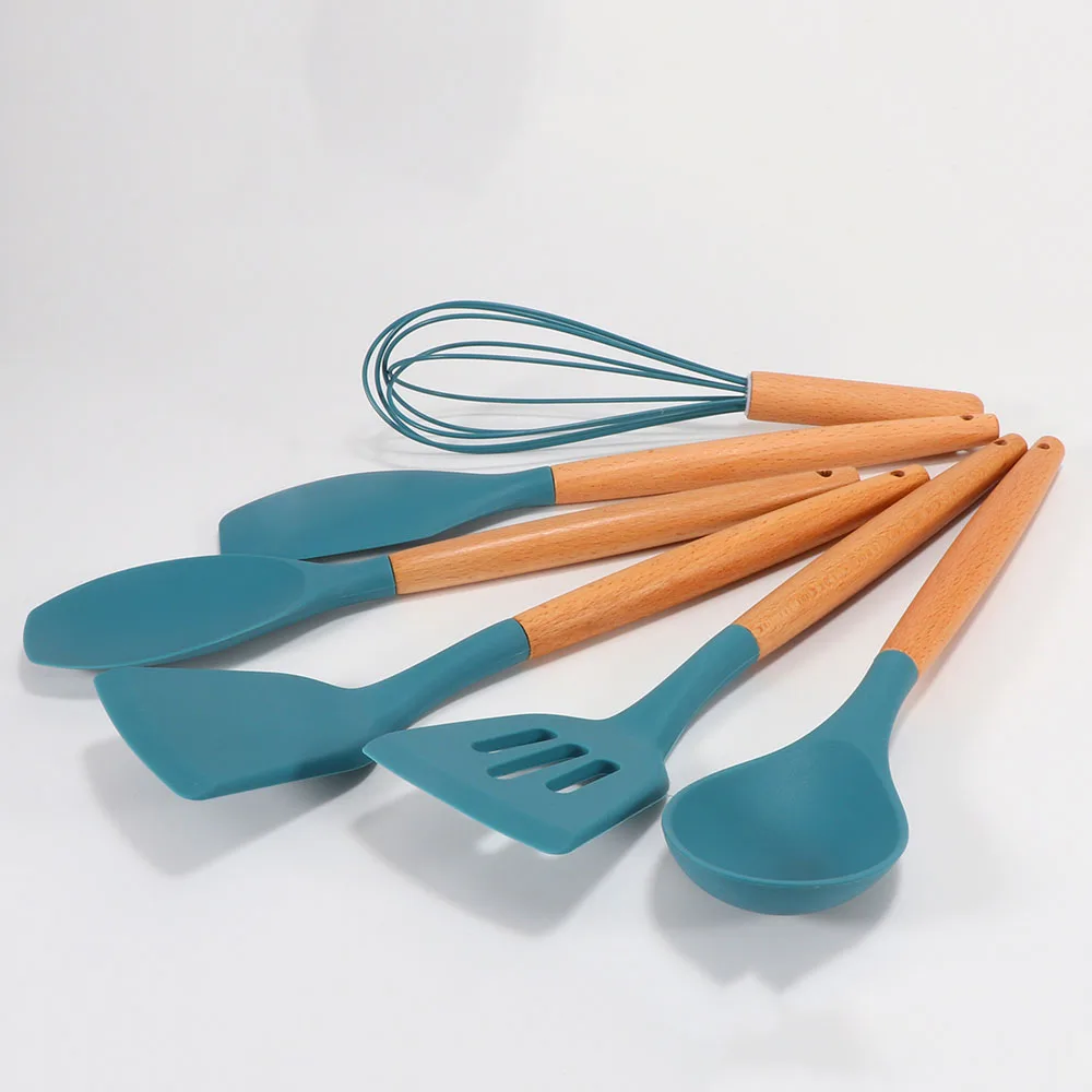 Blue Silicone Spatula Spoon Tongs Utensils Heat-resistant Soup Spoon Non-stick Spatula Shovel Wooden Handle Cooking Kitchen Tool