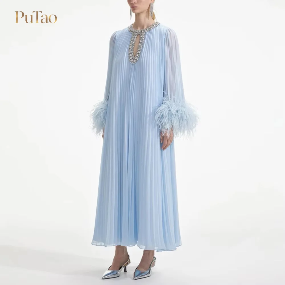 PuTao Modest Pleated Long Sleeve Midi Dress Rhinestone Hollow Neck Feather Cuff Dubai Saudi Wedding Banquet Formal Evening Party