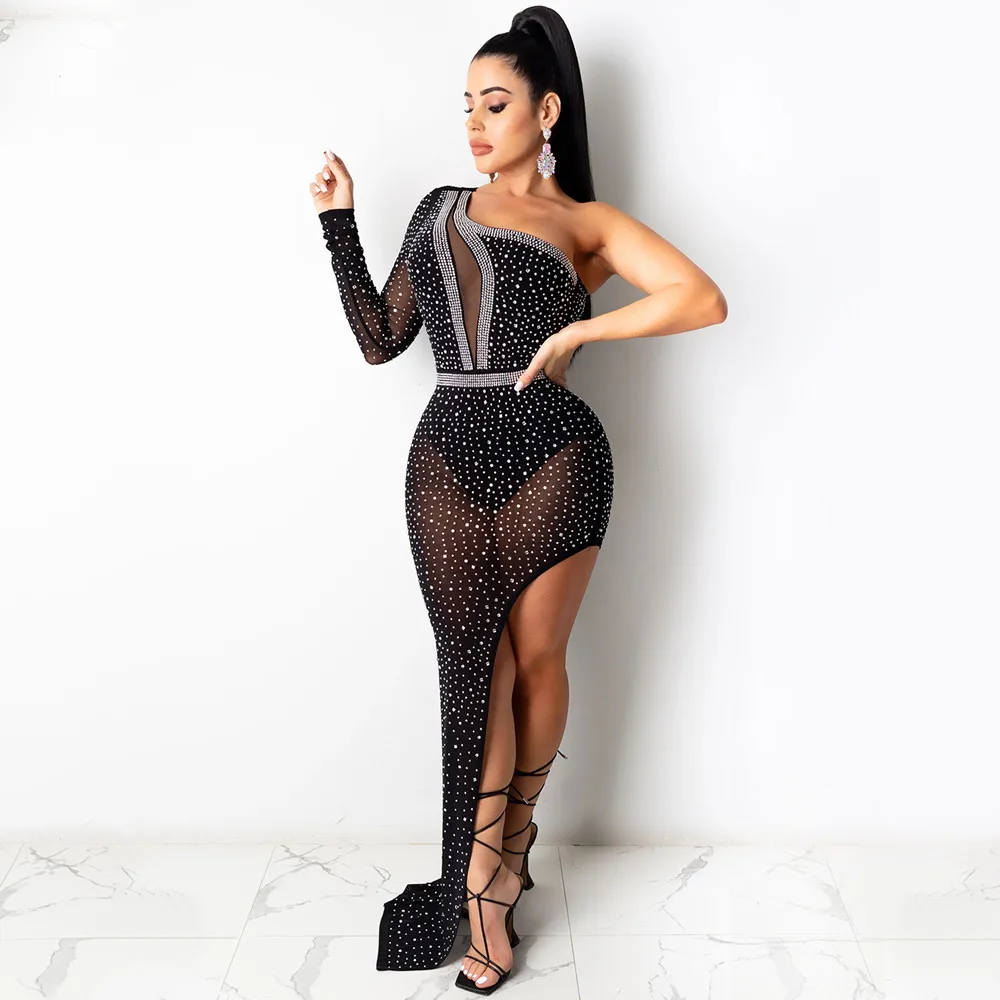 

Women One Shoulder Glitter Diamonds Maxi Dress Sexy Mesh Perspective High Slit Elegant Celebrity Birthday Evening Party Dresses