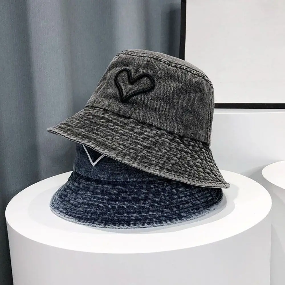 Sombrero de pescador vaquero de ala grande Retro, sombrero de viaje de estilo coreano con corazón de amor, sombrero de cubo vaquero, casco para el sol, sombrilla que cubre el gorro de lavabo para niñas