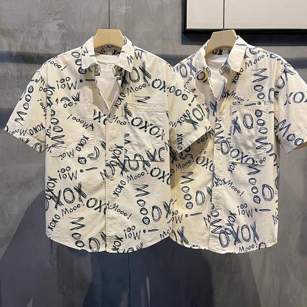 

Mens Short Sleeve Shirts Beach Vacation Style Letters Pattern Full Print Youth Trendy Casual Tops Summer Short Sleeve 2024 New