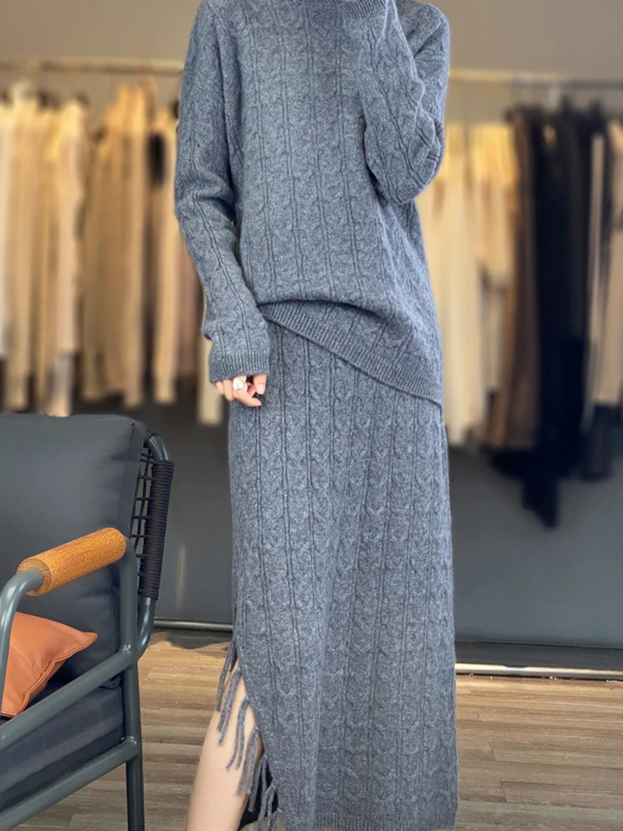 

Solid Twisted Tassel Knitted 2 Piece Set Women Crew Neck Long Sleeve Pullover Sweater Simple Casual Split Midi Skirt Sets Autumn