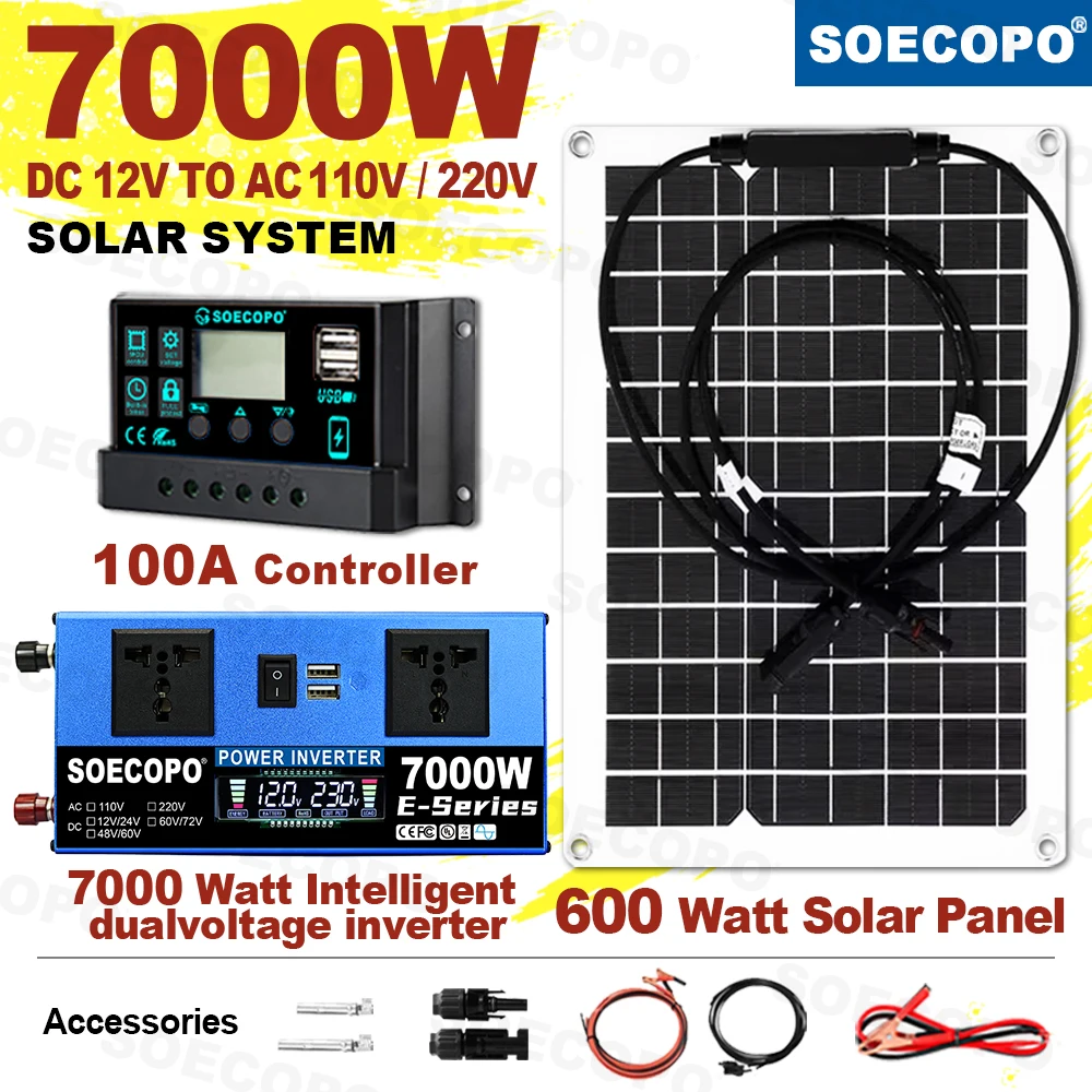 7000W Solarpanel-Kit Komplett mit 12V/24V zu 220V/110V Wechselrichter (700W Nennleistung) |   Flexibles Solar |   100A-Controller für Wohnmobil/Boot/Haus