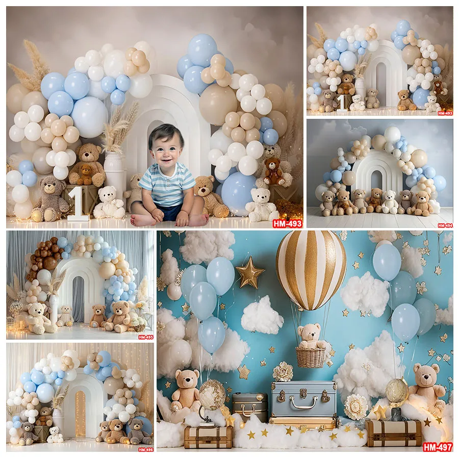 

Hot Air Balloons Bear Baby Shower Photography Background Boys Girls Birthday Cake Smash Party Decor Background Photoshoot Props