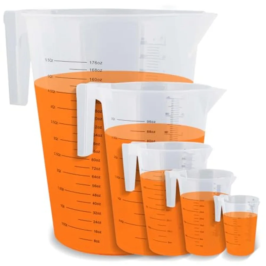 

5 Piece Set of Graduated Paint Mixing Pitchers Quart and Gallon Sized Mixing Cups - 5000 ml 3000 ml 2000 ml 1000 ml 500 ml Plas