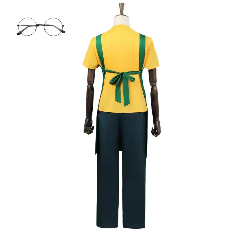 DY20Taro Sakamoto Cosplay Anime Costume Sakamoto Days Yellow T-shirt Green Apron Glasses Halloween Party Women Men FilmStyle25