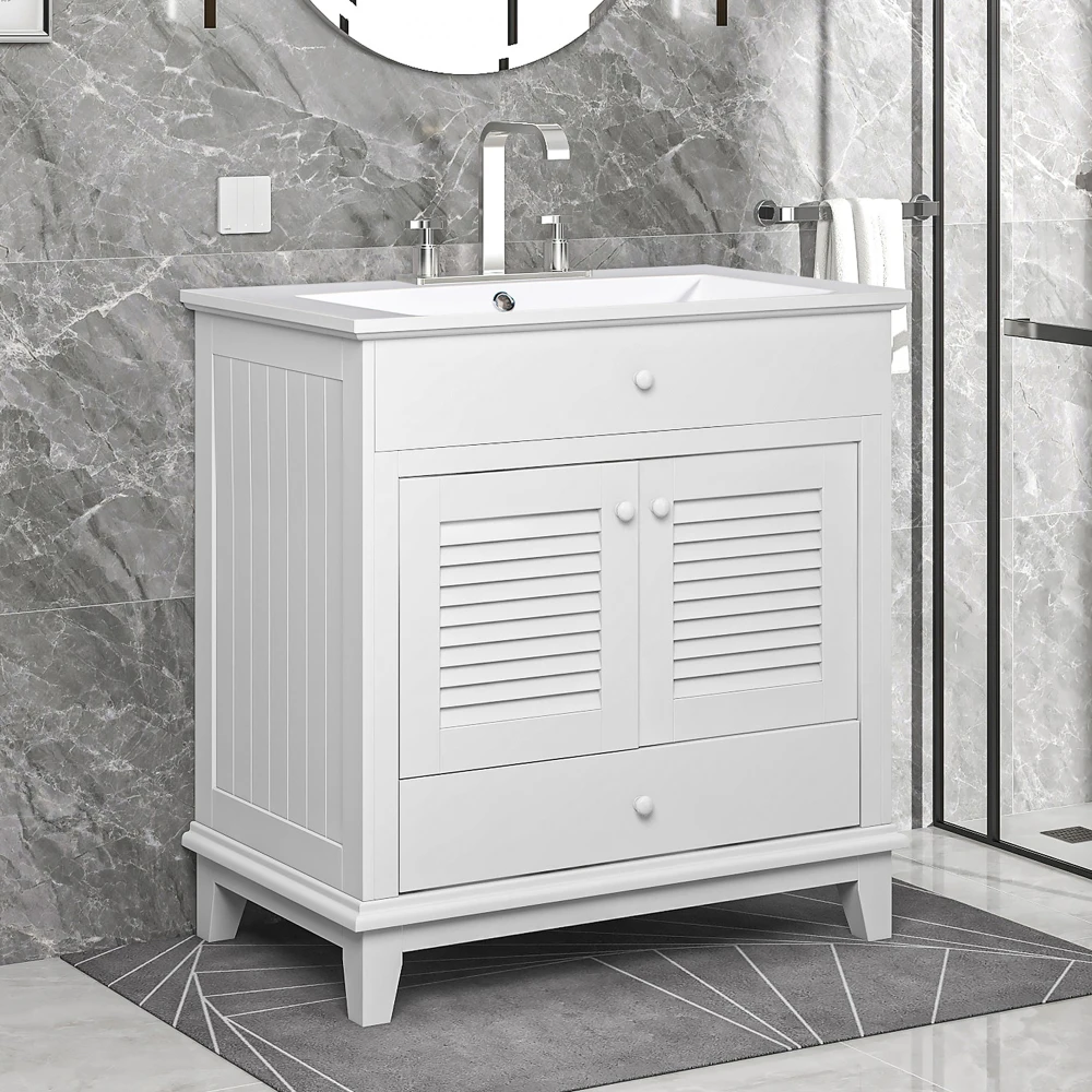 Mueble de baño de 30" con lavabo, mueble de baño con dos puertas y un cajón, blanco