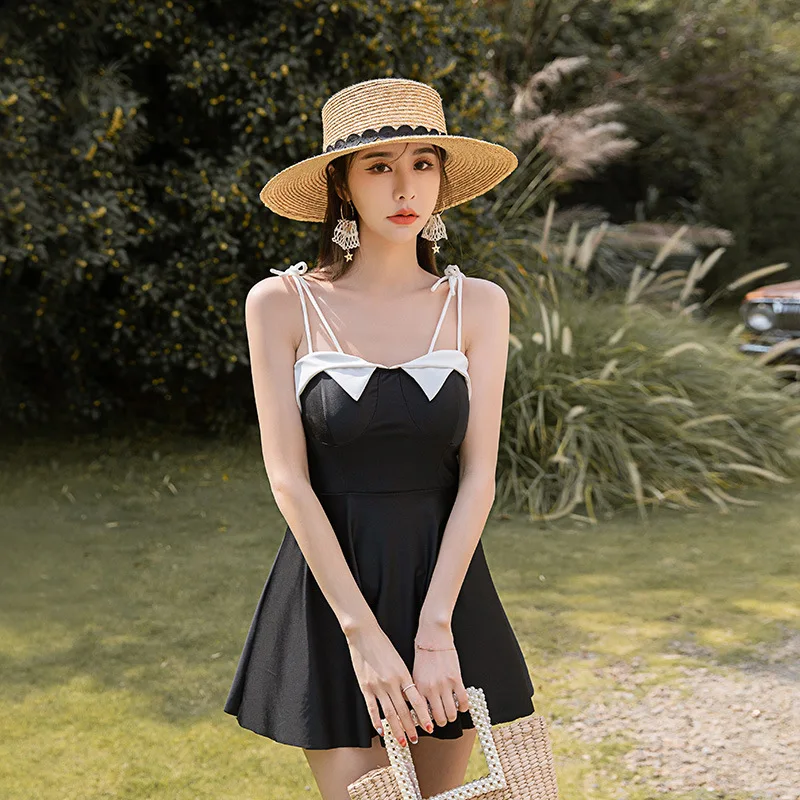 One-Piece Swimming Dress with Straps, Black and White Color, Matching, Thin, Sexy, Vacation Swimsuit, Women, New, 2024