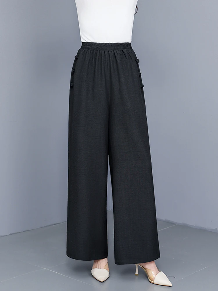Casual Cotton Linen Wide Leg Pants Women Summer Thin Loose Nine Points Loose Elastic Waist Pants Draping Mommy Style Clothes