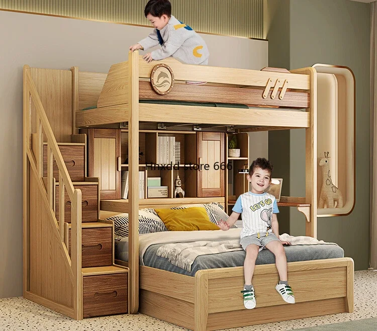 Upper and lower bunk double-layer staggered double solid wood high and low children's dislocation S-type mother-child bed