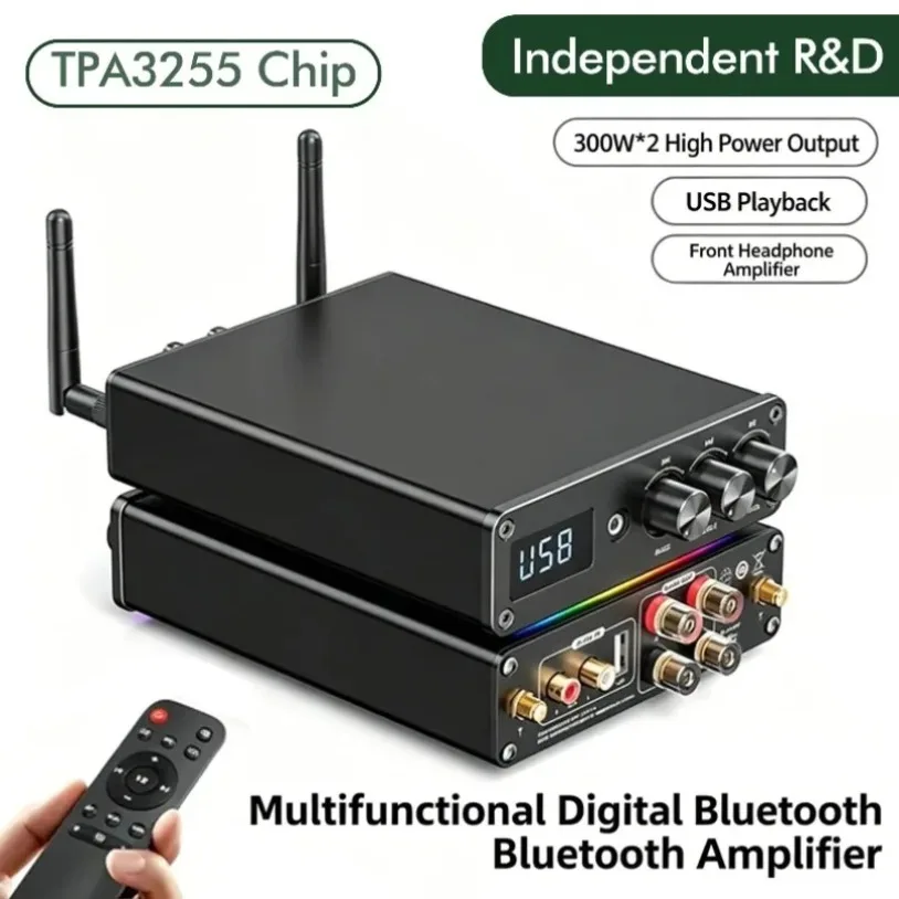 300W×2 G12D Pro Bluetooth 5.3 Amplifier HiFi Stereo Amp RGB Rhythm Light USB RCA Input Treble Bass Control For Speakers