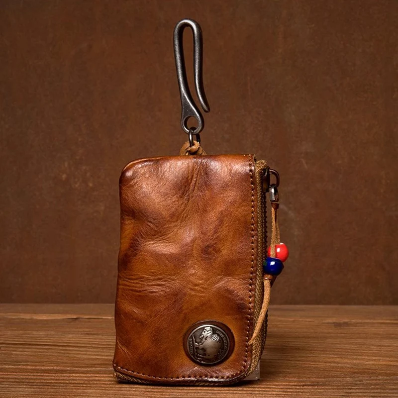 Genuine Vegetable-Tanned First Layer Cowhide Key Case for Men, Hand-Distressed Car Key Pouch for Women, Genuine Leather Coin