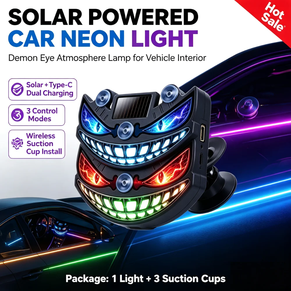 Demon Eye Solar Car Neon Light Type C Rechargeable LED Warning Lamp Vibration Sensor Wireless Window Decoration Accessory