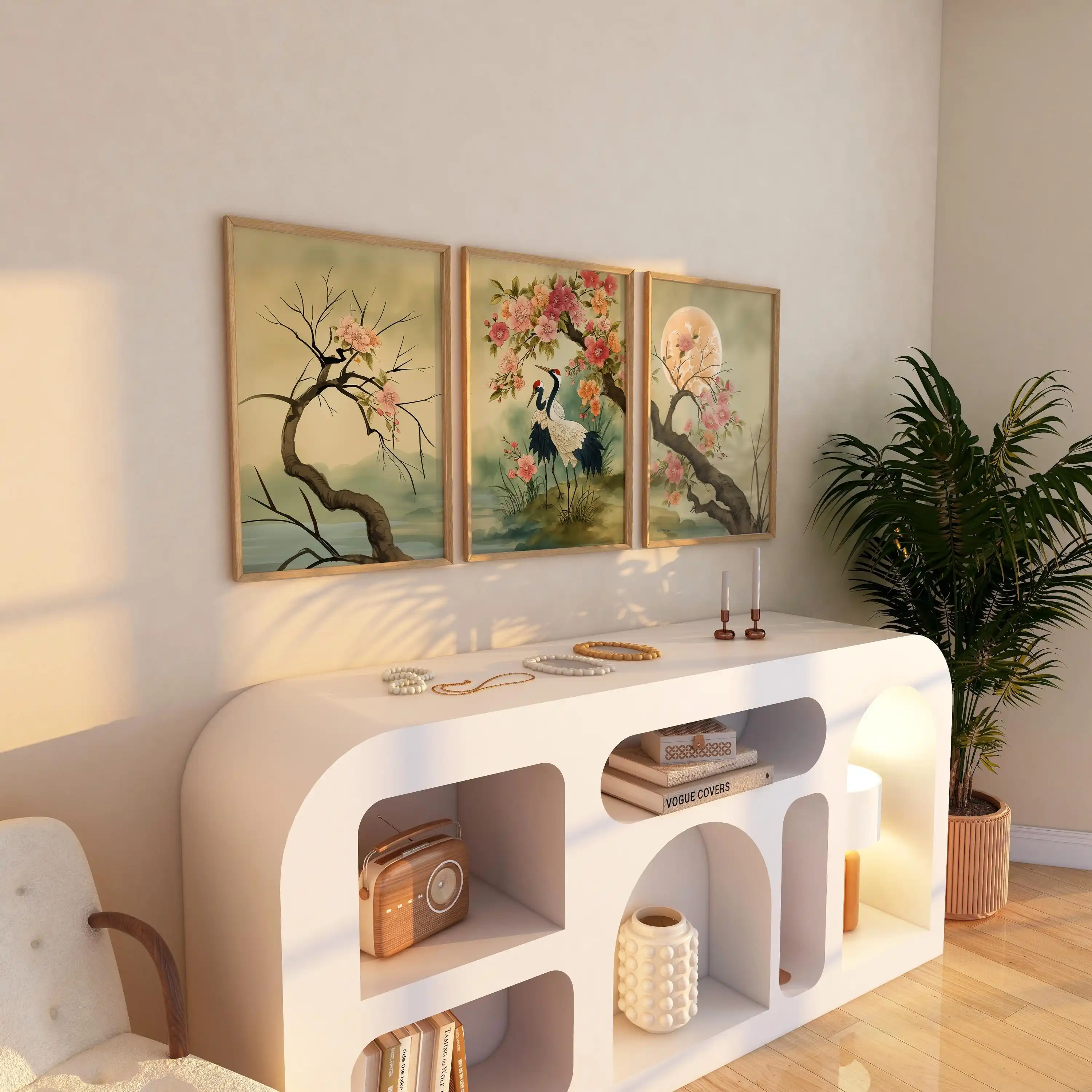 Elegant Japanese Style Crane & Sakura 3-Panel Canvas Wall Art Poster for Modern Home Decoration, Perfect Birthday Holiday Gifts
