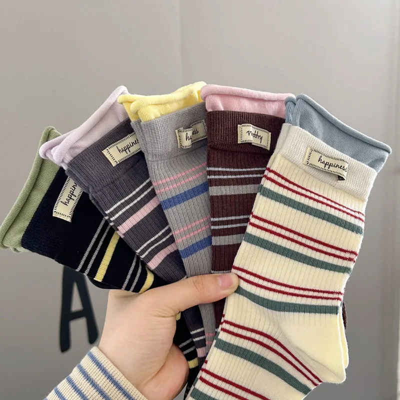 Early autumn vibe High-end feel Ins-style color-block striped mid-calf  Lettered fabric label patchwork faux two- slouch socks