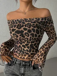 Mozision Leopard Print Long Sleeve T-shirt Women Off-shoulder Backless Crop Tops Female Fashion Printed Strapless Tees Tops