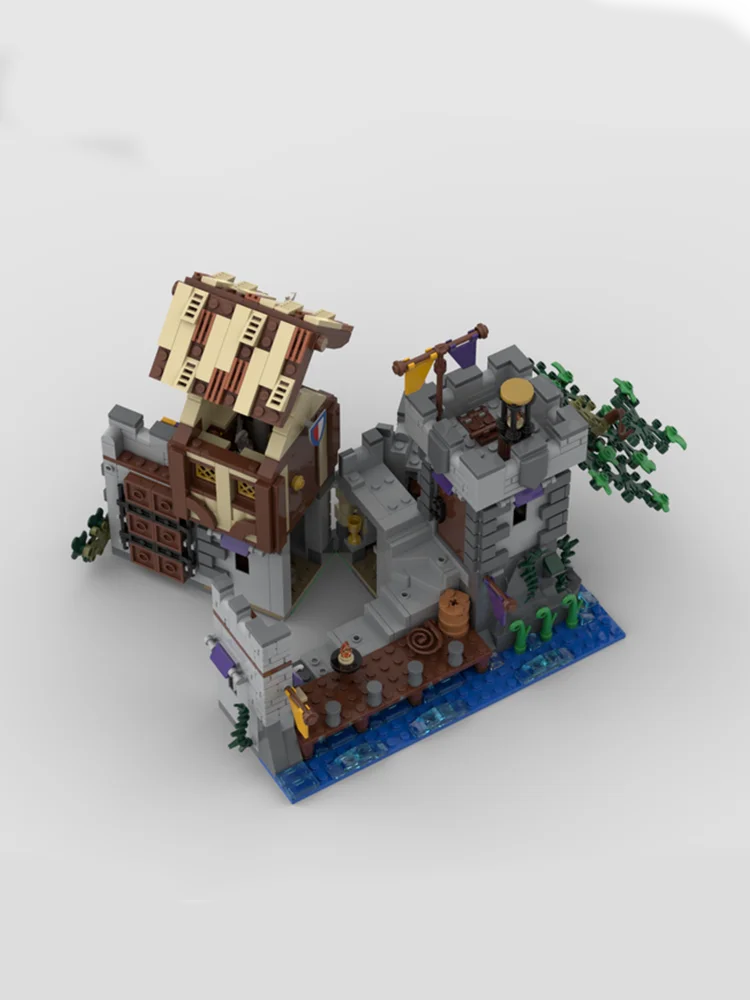 1043 peças moc 180928   Modelo de vista de rua, porta de rio medieval, vila, faça você mesmo, blocos de construção educacionais criativos para crianças, presente de brinquedo